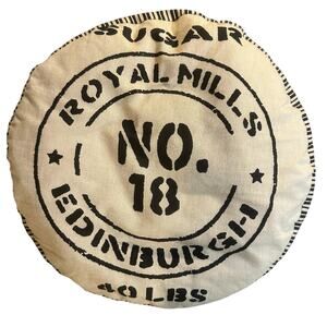 'Sugar Sack' Unique 18" Round x 8.5" Vintage Beige/Black Throw Pillow w/Handle